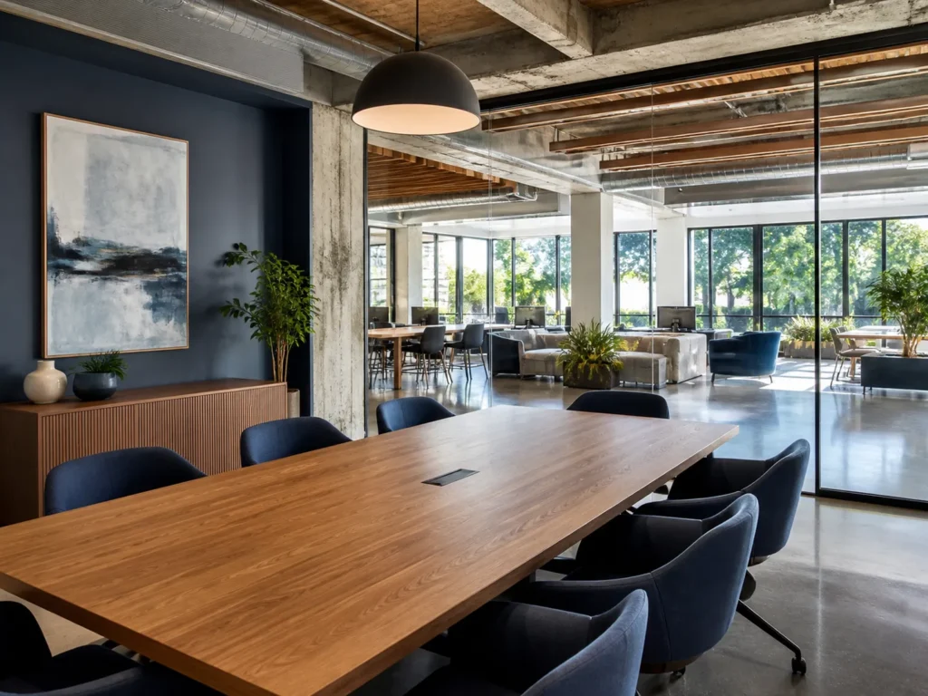 People-free flexible workplace interior in Oakland