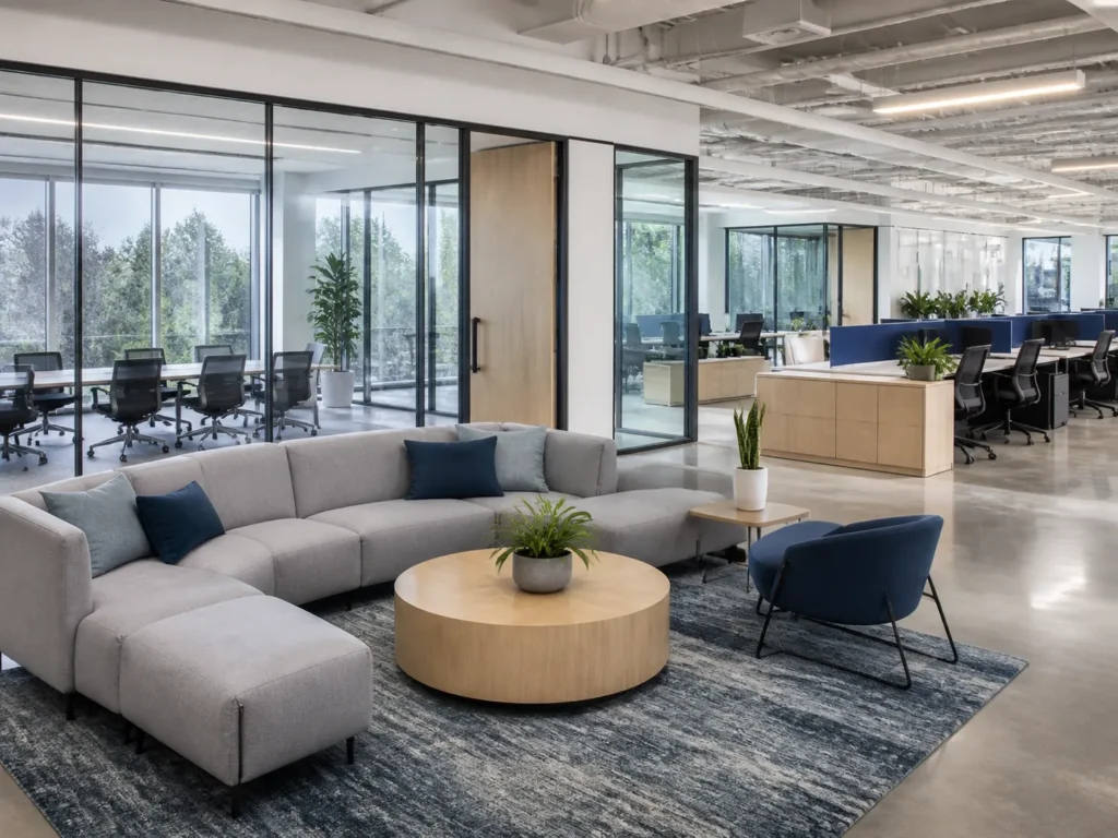 People-free office collaboration area in San Jose